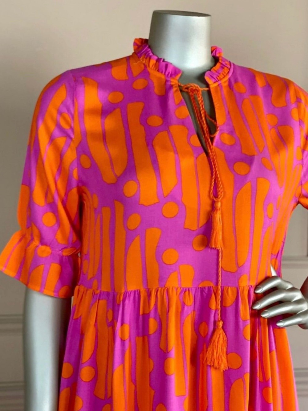 Pink & Orange Tassel Midi Dress with Abstract Print
